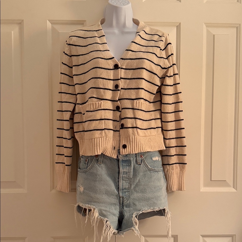 MOD REF Striped Beige Cropped Knit Cardigan Sweater
